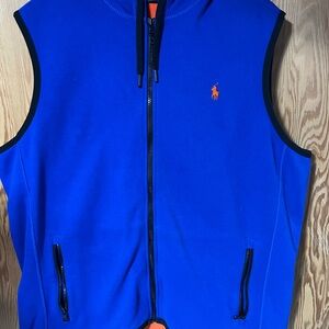Ralph Lauren XL Fleece lined Blue Zippered Vest with Hood & Orange Pony